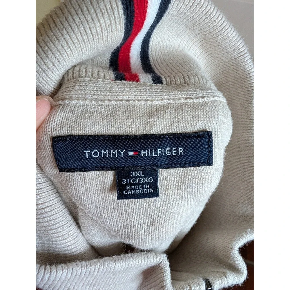 Tommy Hilfiger Quarter Zip Sweater Mens 3XL Beige Cotton Mock Neck Logo Pullover